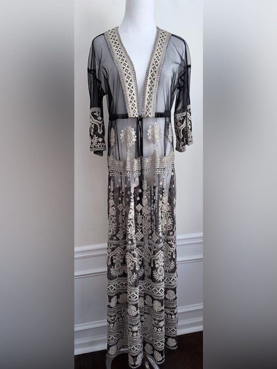 Johnny Was Other - Soft Surroundings black mesh Longline duster sequin Embroidered floral tassels S